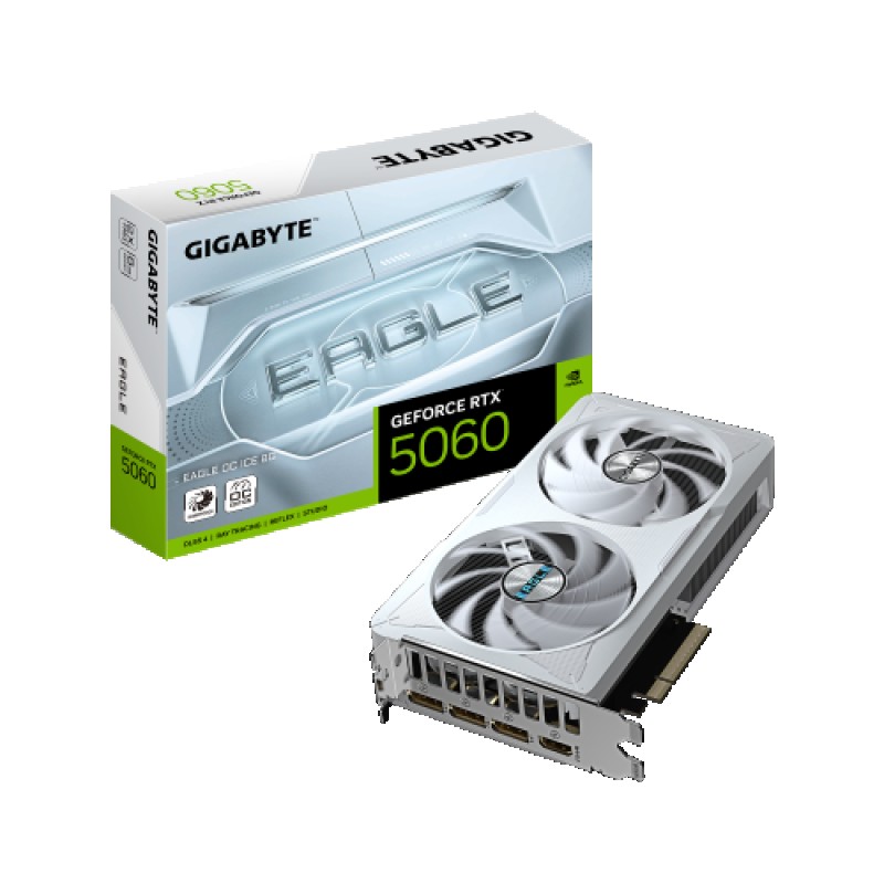 GIGABYTE GeForce RTX 5060 EAGLE OC ICE 8G Tarjeta Gráfica - 8GB GDDR7, 128bit, PCI-E 5.0, 2550 MHz Frecuencia del núcleo, 3 x DisplayPort, 1 x HDMI,