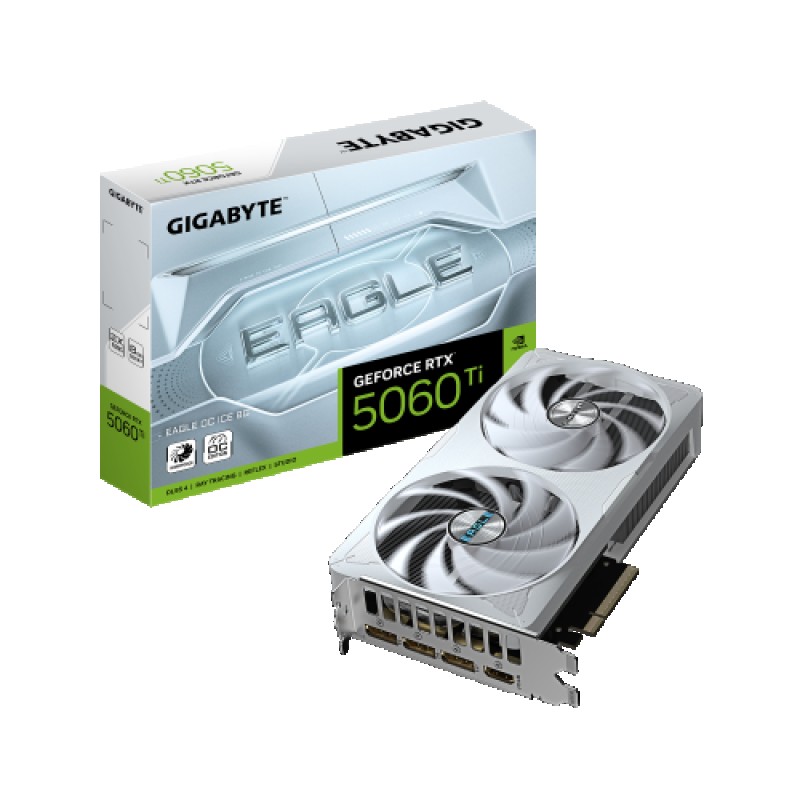 GIGABYTE GeForce RTX 5060 Ti EAGLE OC ICE 8G Tarjeta Gráfica – 8GB GDDR7, 128 bits, PCI-E 5.0, 2617 MHz Frecuencia del núcleo, 3 x DisplayPort, 1