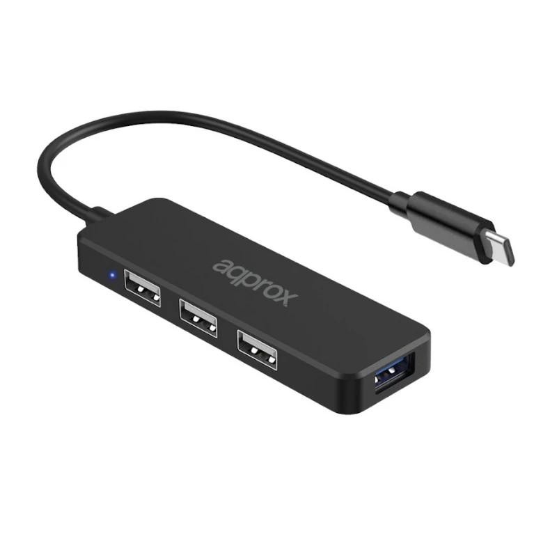 Hub 3 puertos usb 2.0 + 1 puerto usb 3.0 type c negro approx 30cm/ usb-c/ 3xusb2.0, 1xusb3.0