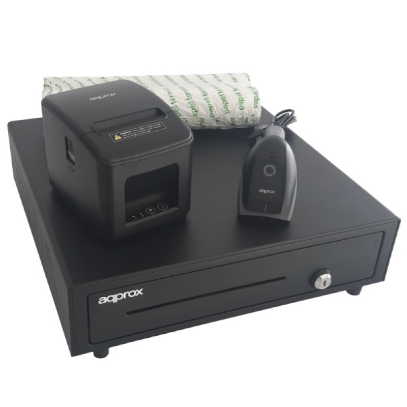 KIT TPV APPROX CAJON PORTAMONEDAS APPCASH01 NEGRO + LECTOR/SCANNER  APPLS22 + IMPRESORA TERMICA APPPOS80AM-USB + PACK ROLLOS PAPEL CYT8060BPA