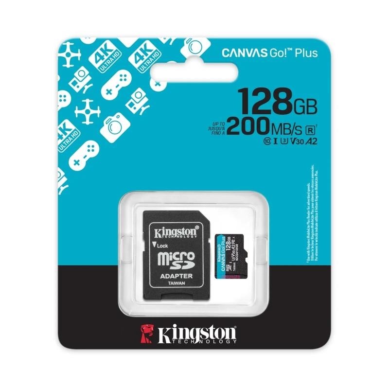 Kingston Technology Tarjeta microSDXC Canvas Go Plus Gen4 de 128GB, 200 MB/s, A2 U3 V30 y adaptador