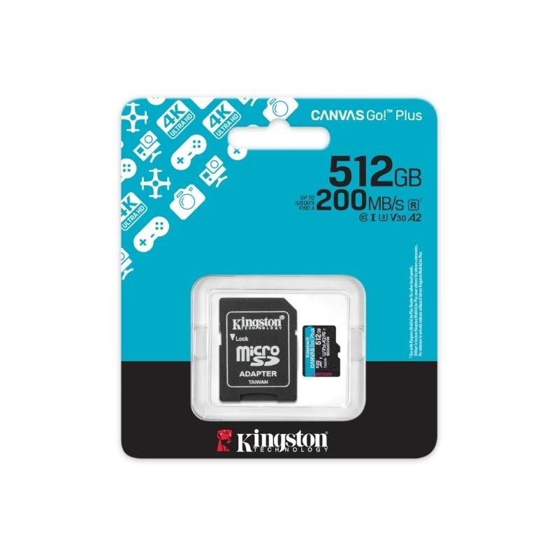 Kingston Technology Tarjeta microSDXC Canvas Go Plus Gen4 de 512GB, 200 MB/s, A2 U3 V30 y adaptador