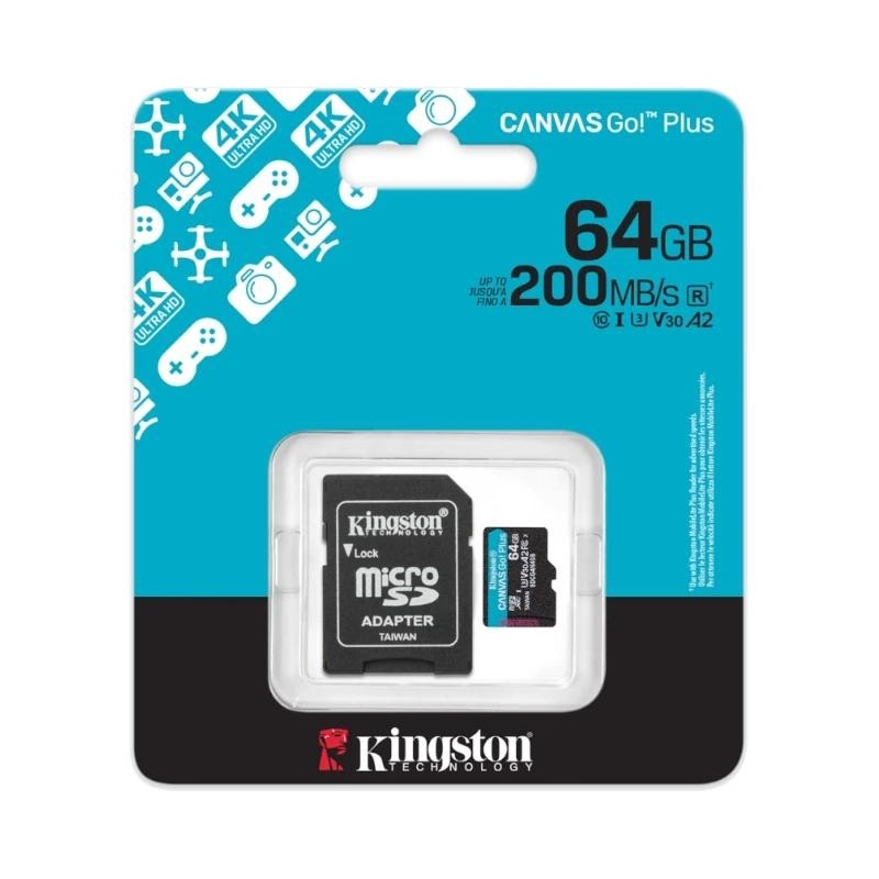 Kingston Technology Tarjeta microSDXC Canvas Go Plus Gen4 de 64GB, 200 MB/s, A2 U3 V30 y adaptador