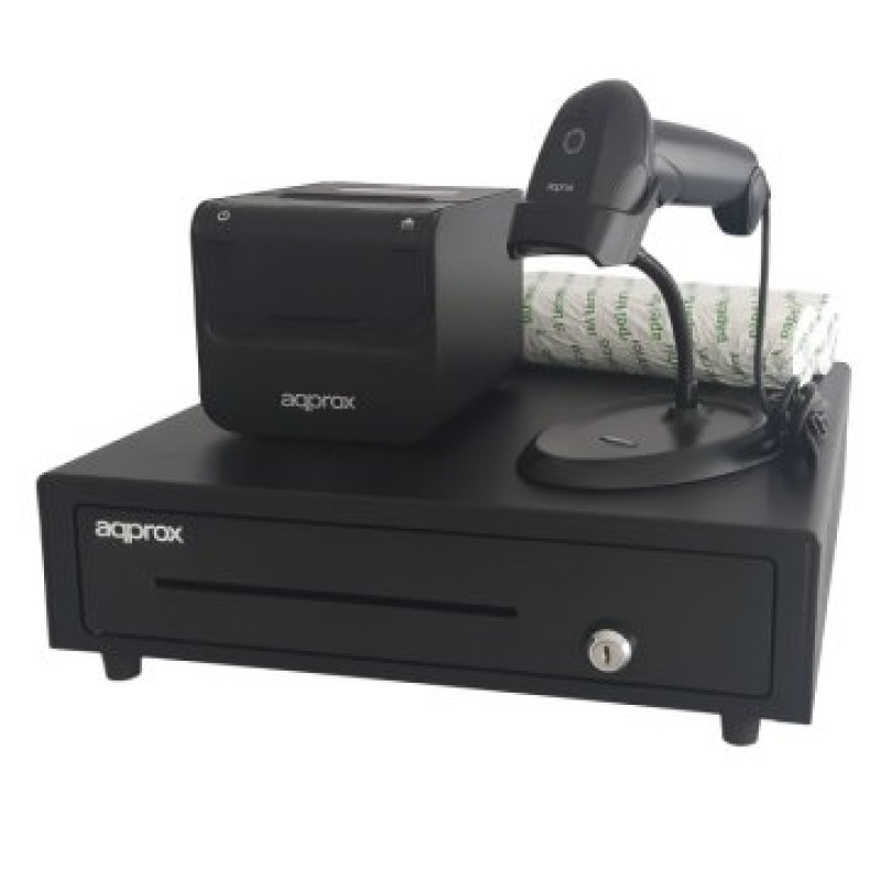 Kit tpv approx cajon portamonedas appcash01 negro + lector/scanner appls02as + impresora termica apppos80amuse + pack rollos pap