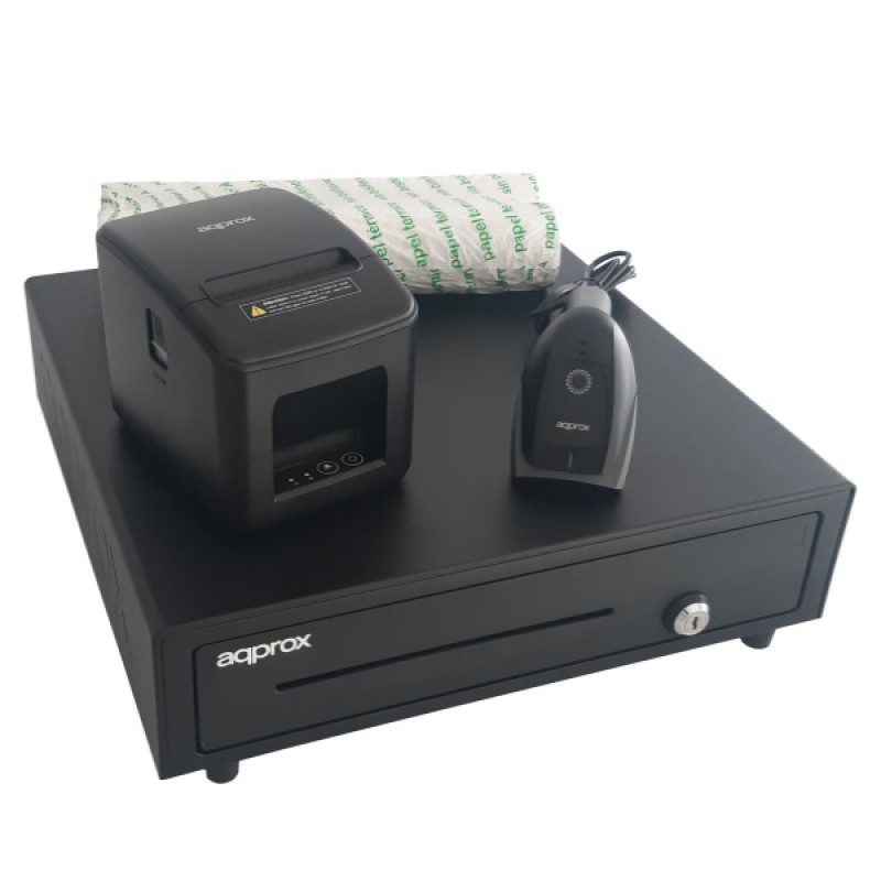 Kit tpv approx cajon portamonedas appcash01 negro + lector/scanner appls22 sin peana + impresora termica apppos80am-usb + pack r