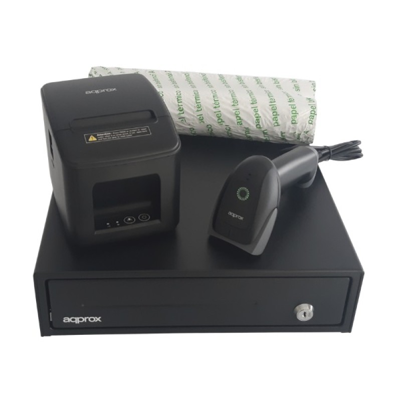 Kit tpv approx cajon portamonedas appcash33 negro + lector/scanner  appls22 + impresora termica apppos80am-usb + pack rollos pap