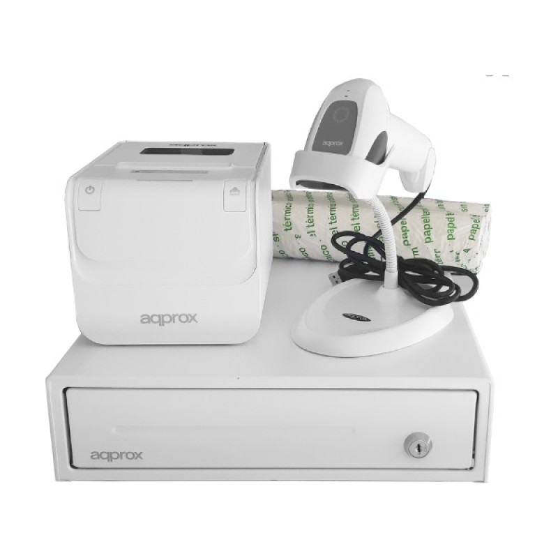 Kit tpv approx cajon portamonedas appcash33wh blanco + lector/scanner  appls11aswh + impresora termica apppos80amusewh + pack ro