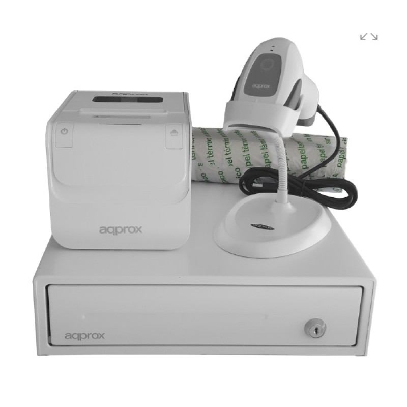 Kit tpv approx cajon portamonedas appcash33wh blanco + lector/scanner  appls22wh + impresora termica apppos80amusewh + pack roll