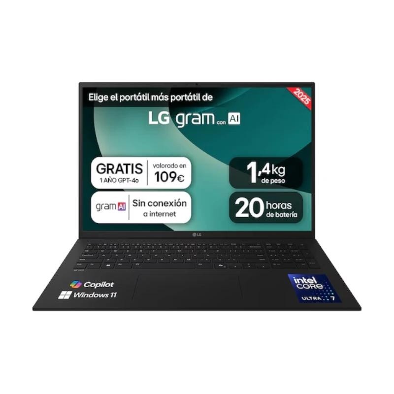 LG Gram 17ZD90T-G.AX88B ordenador portatil Intel Core Ultra 7 255H Portátil 43,2 cm (17") WQXGA 32GB LPDDR5x-SDRAM 1TB SSD Wi-Fi 7 (802.11be) FreeD