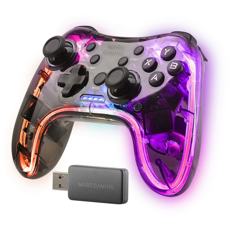 Mars Gaming Gamepad Inalámbrico 2.4GPRO, Neon RGB, Vibración Háptica Dual, Joysticks Analógicos, Mando para PC, PS3, PS4, XBOX360, Raspberry Pi, M