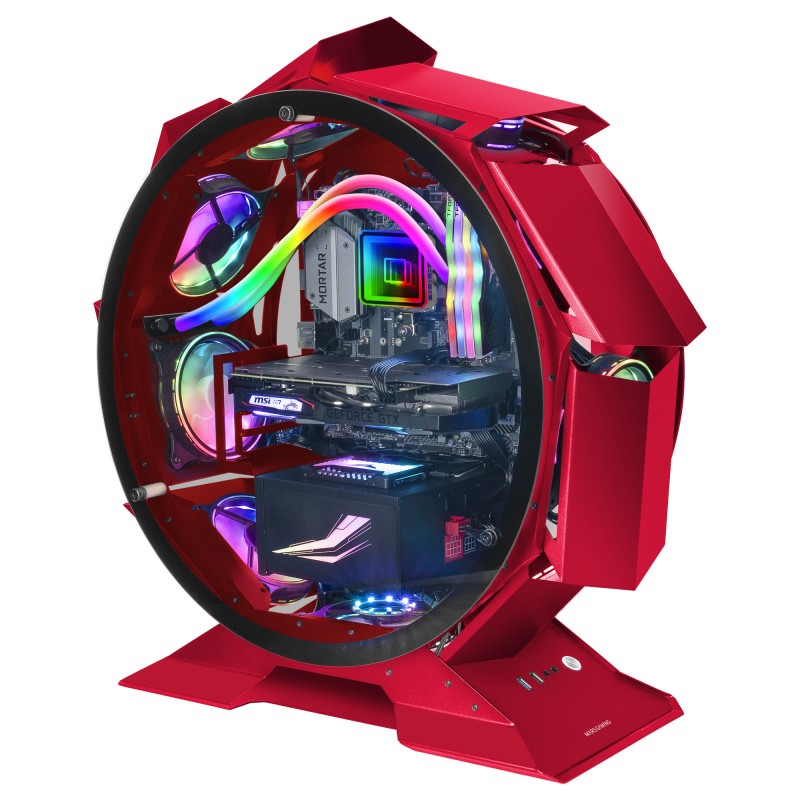 Mars Gaming MCORB Rojo, Caja PC Gaming Micro-ATX XL, Diseño Circular Custom, Doble Cristal Templado