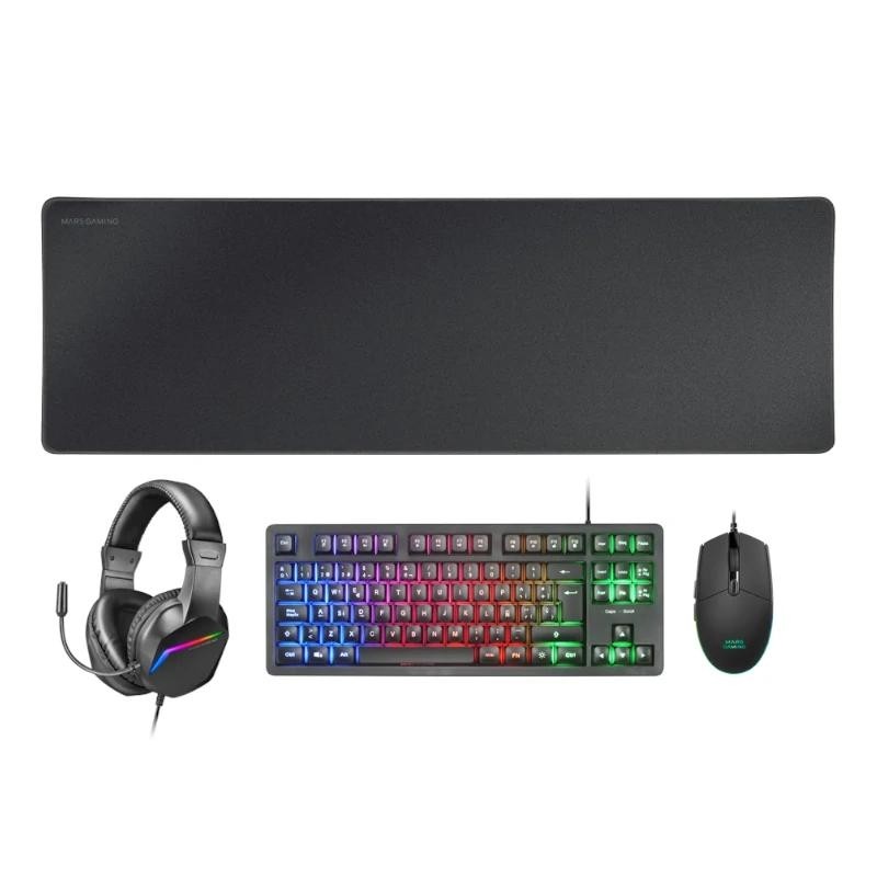 Mars Gaming MCP-RGB3, Pack Gaming Teclado Fixed RGB + Ratón Gaming RGB Flow 3200 DPI + Auriculares Over-Ear RGB + Alfombrilla XXL, Negro, Idioma Espa