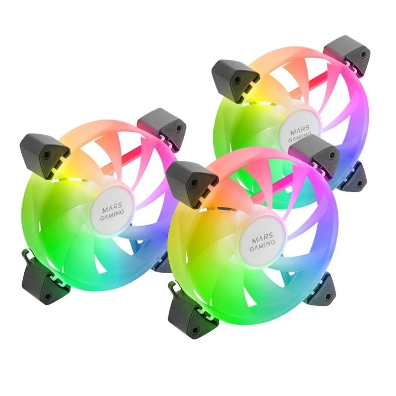 Mars Gaming MF-3A, Kit 3x Ventiladores FDB Ultrasilenciosos 120mm, Iluminación ARGB Rainbow 360º Sin Marco, Ventialdores 3en1 con Compatibilidad Tot