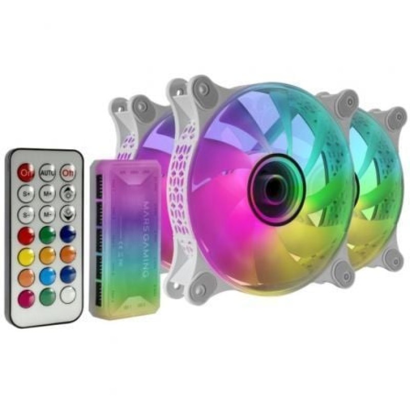Mars Gaming MF-3DKIT Blanco, Kit 3 Ventiladores ARGB 360° 12cm, Espejo Infinito 3D, Sistema Anti-vibraciones, Controlador ARGB, Mando a Distancia RF,