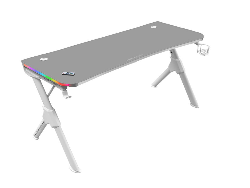 Mars Gaming MGD140RGB, Mesa Ergonómica Gaming RGB, Soporte Auriculares y Bebida, Alfombrilla Ratón, 140x60cm, Blanco
