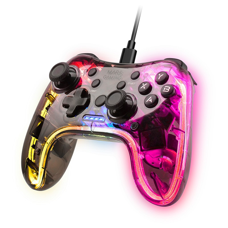 Mars Gaming MGP-C, Gamepad Profesional Neón RGB, Vibración Háptica Dual, Joysticks Analógicos, Mando para PC, Switch, PS3, Raspberry Pi, Mac, Andr