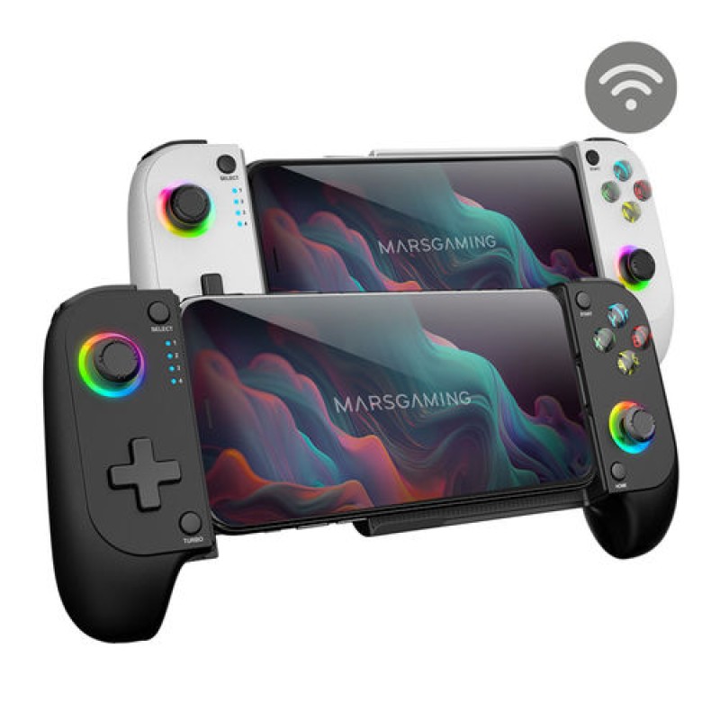 Mars Gaming MGPX, Gamepad Bluetooth 5.0 2en1, RGB Neon, Vibración Dual y Función Turbo, Soporte Smartphone Hasta 6.8", Mando Multifunción Compatili