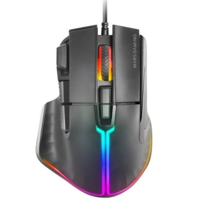 Mars Gaming MM-XT, Ratón Gaming RGB, Diseño Ergonómico con Reposa Pulgar, Sensor Óptico 12800DPI, 9 Botones Configurables, Switches Huano, Softwar