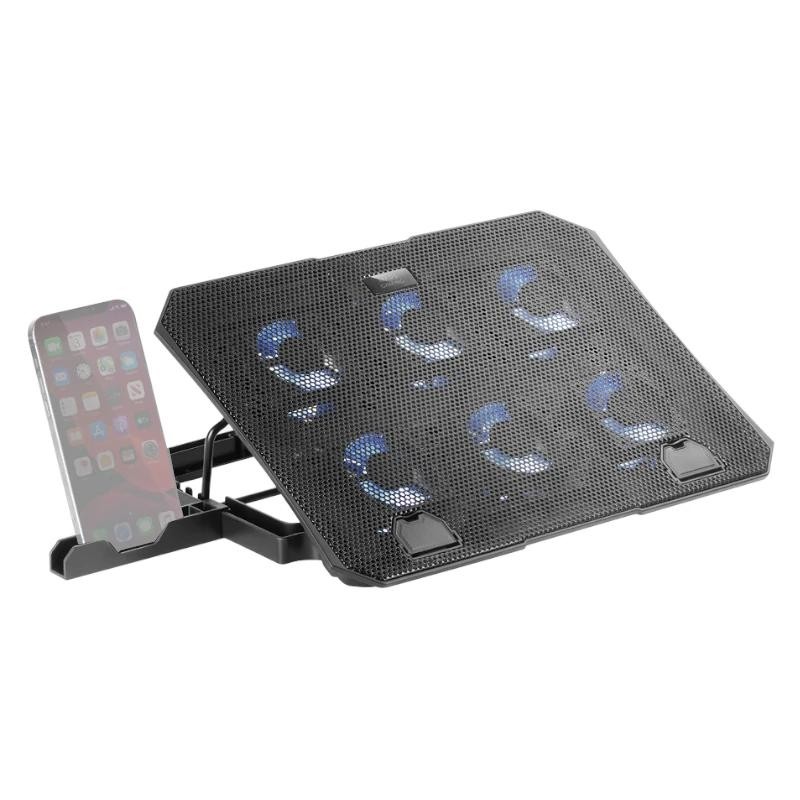 Mars Gaming MNBC23, Base Refrigeradora y Stand 16", 6 Ventiladores Controlables con LED Azul, Stand 6 Posiciones, Soporte Smartphone, 2 USB 2.0, Negro