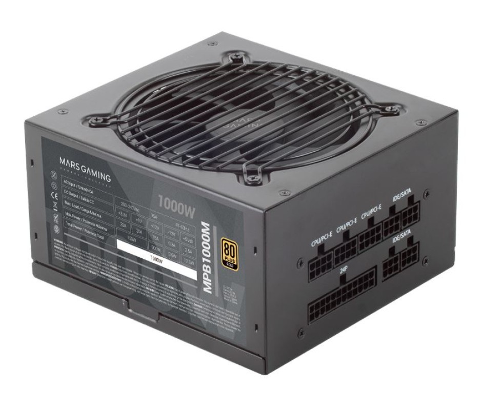 Mars Gaming MPB1000M, Fuente Alimentación Full Modular 1000W, ATX DC-DC, 6 Años Garantía, 80Plus Gold, 90% Eficiencia, Tecnología Active-PFC, Vent