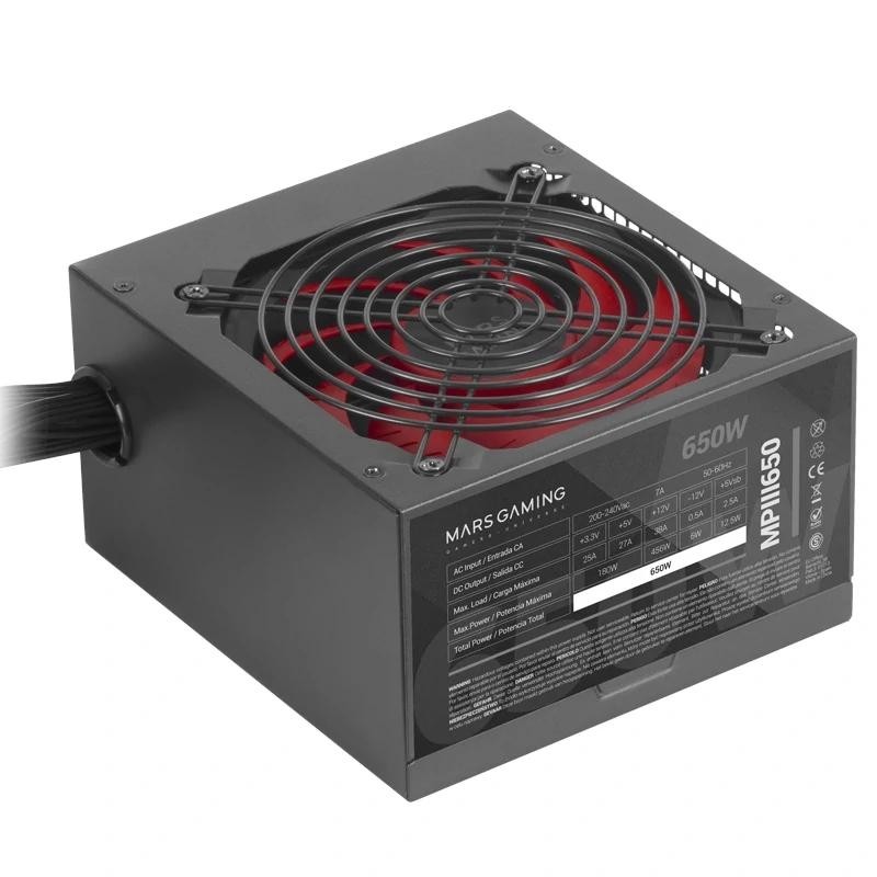 Mars Gaming MPIII650, Fuente Alimentación PC ATX 650W, 5 Años de Garantía, 85% Eficiencia, Sistema Digital APFC, Ventilador FDB 120mm AI-RPM, Tecno