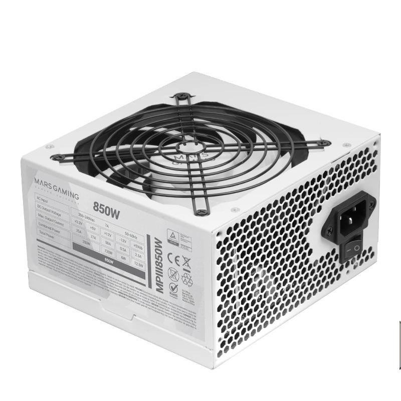 Mars Gaming MPIII850, Fuente Alimentación PC ATX 850W, 5 Años de Garantía, 85% Eficiencia, Sistema Digital APFC, Ventilador FDB 120mm AI-RPM, Tecno