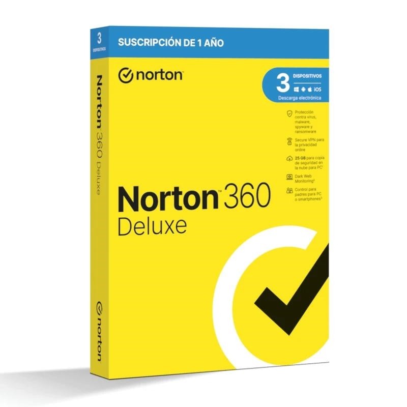 Norton 360 Deluxe - Antivirus - 25GB almacenamiento - 1 usuario - 3 dispositivos - 12 meses - Control parental - Horario escolar - Dark Web Monitoring
