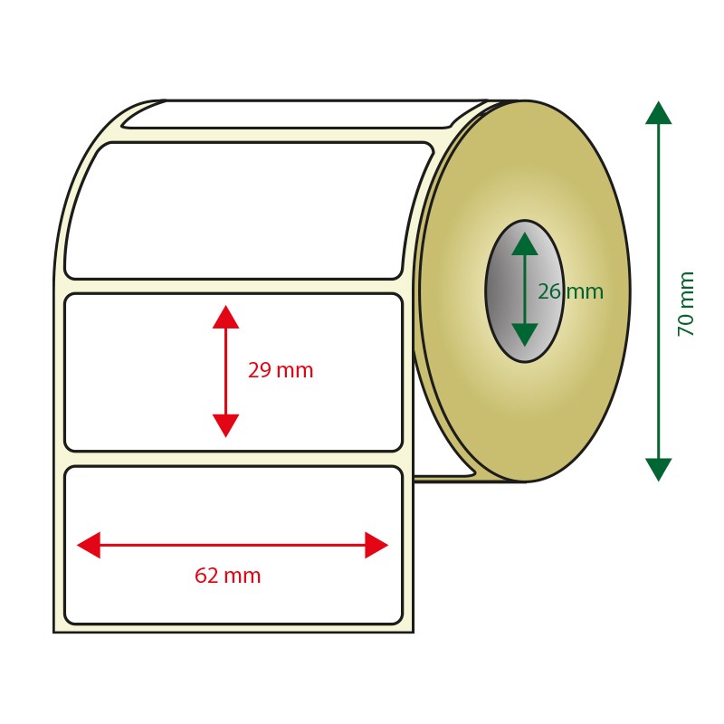 PACK DE 6 ROLLOS DE ETIQUETAS ADHESIVAS TERMICAS BLANCAS APPROX ANCHO 70mm TAMAÑO ETIQUETA 62x29mm 800u POR ROLLO