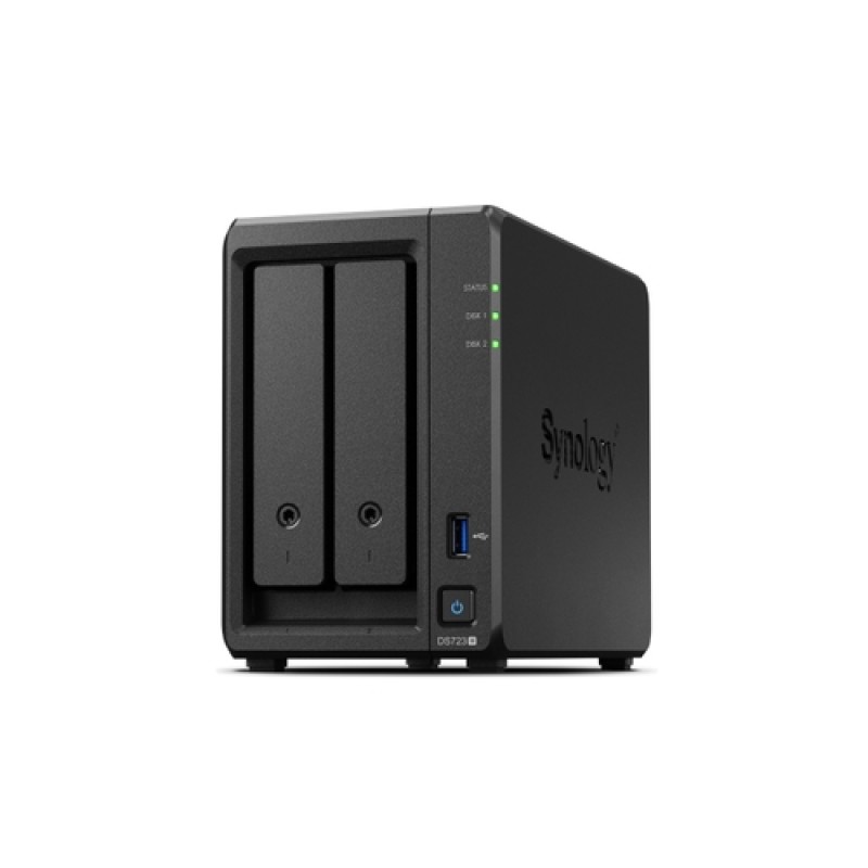 Synology DS723+ - NAS 2 bahías SATA - 2 ranuras M.2 NVMe - AMD Ryzen R1600 dual-core - 2GB DDR4 ECC (hasta 32GB) - 2 x Gigabit Ethernet - 1 x USB 3.2