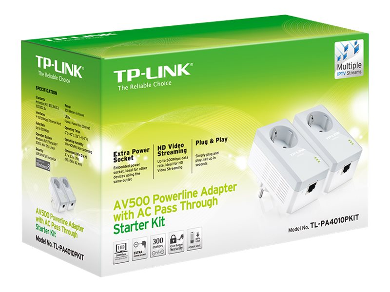 TP-LINK Kit de inicio con adaptadores Powerline AV500 con enchufe incorporado - kit adaptador de línea eléctrica - conectable en la pared