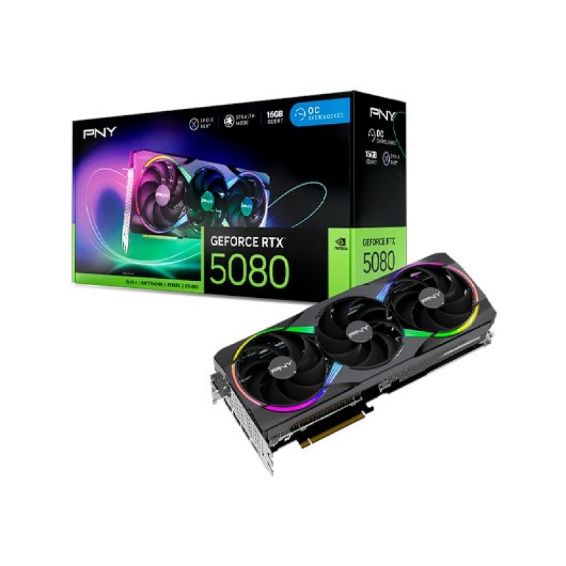 VGA PNY GEFORCE RTX 5080 OC 16GB DDR7 3xDP 1xHDMI RELOJ 2300MHz CUDA 10752 256BIT 360W