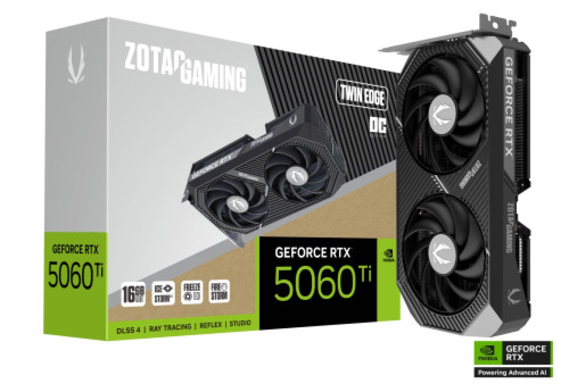 VGA ZOTAC RTX 5060 TI 16GB TWIN EDGE OC,NV,RTX5060TI,16GB,GDDR7,128BIT,1HDMI+3DP,2 VENTILADORES (ZT-B50620H-10M)